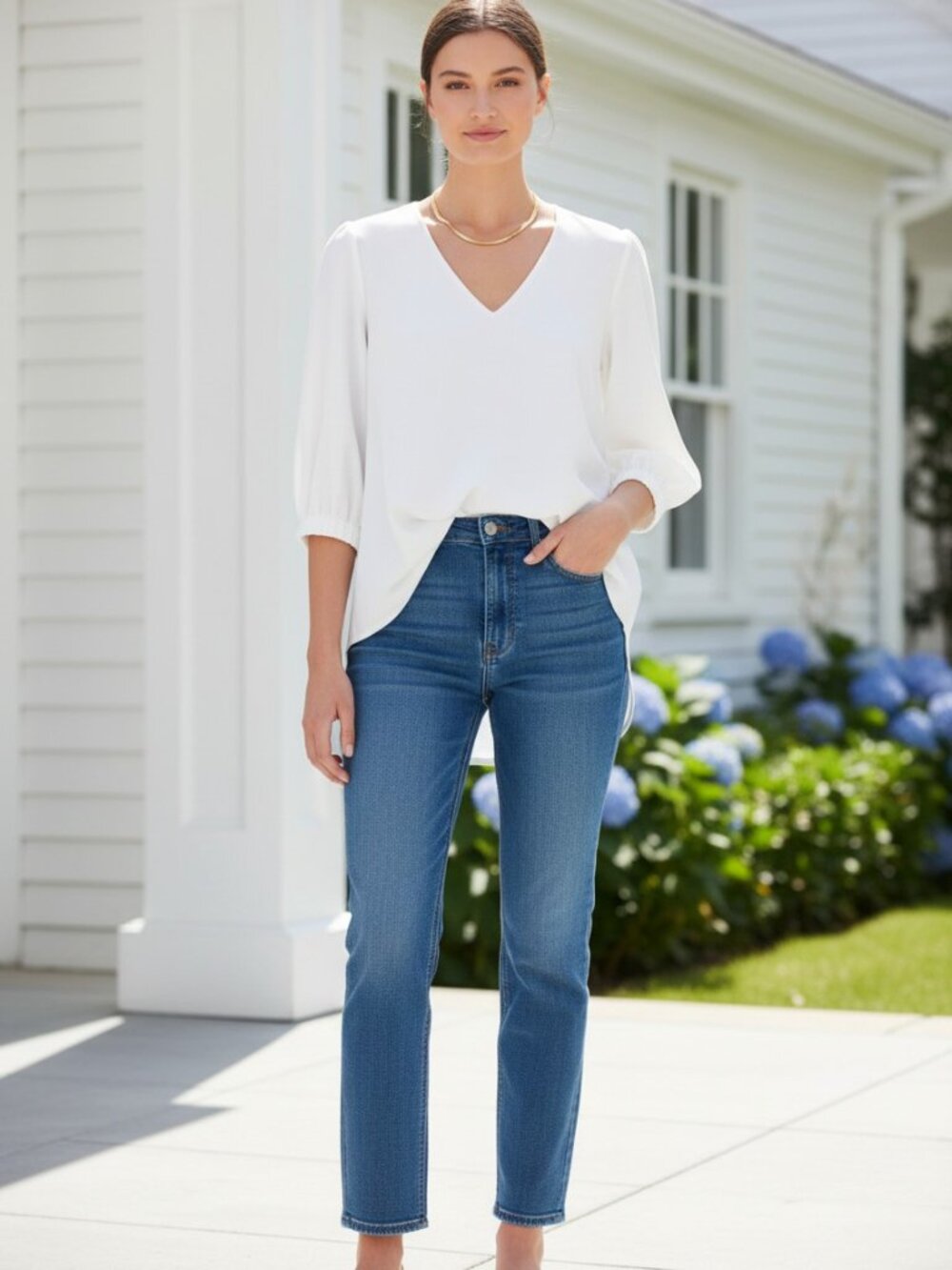 Pomander Place White Hollis Top L NWT V Neck Puff Sleeve Tuckernuck - Picture 9 of 12